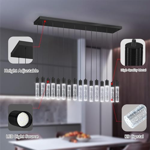 16 Lights Modern Crystal Rectangular Chandeliers LED Pendant Light for Kitchen Island High Ceiling Chandelier for Dining Room Entrance Foyer Living Room Black