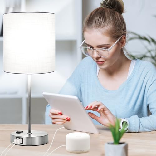 Set of 2 Touch White Table Lamps with 2 USB Ports & AC Outlet (2 Count)