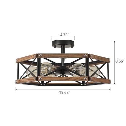 6 Light Large Rustic Farmhouse Wood Flush Mount Ceiling Light Fixture 20 inch Oak Wood and Metal Cage Semi Flush Mount Ceiling Light for Hallway Entry Dining Farmhouse Bedroom Living Room