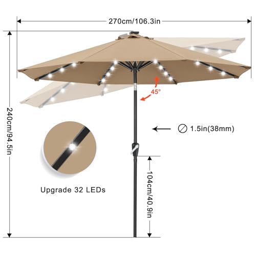 Solar Led Patio Umbrella with 32 Lights 9FT