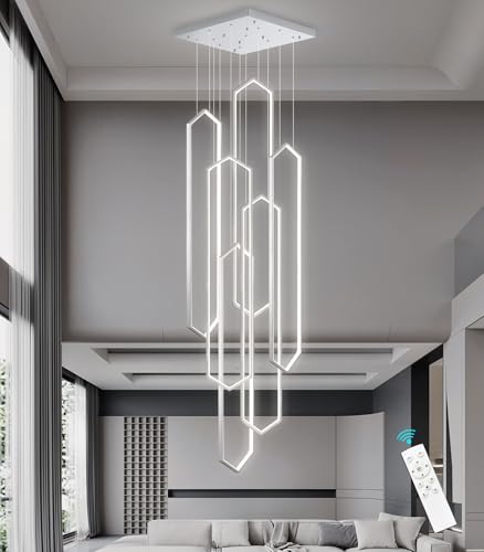 6 Rings Modern Chandelier LED Dimmable Long Large High Ceiling Chandelier Adjust Flush Mount Ceiling Light for Entrance Foyer Lobby Staircaes (6 Count)