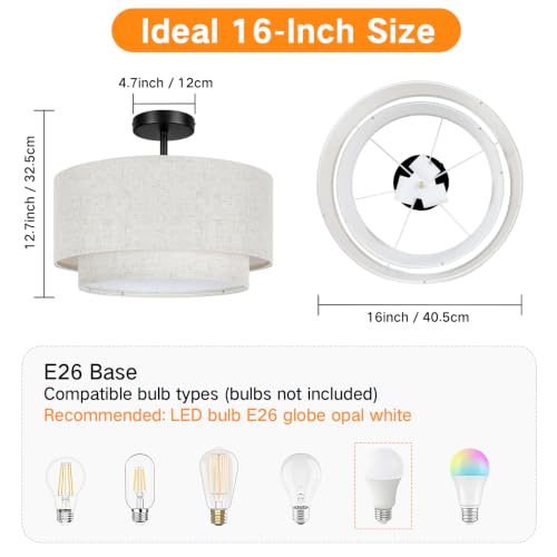 16" Semi Flush Mount Ceiling Light Double Drum Black 3 (Black)