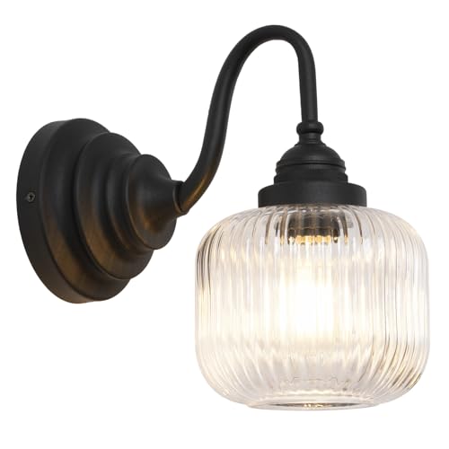 Vintage 2 Lights Clear Ribbed Glass Wall Sconce Lighting Brass Finished