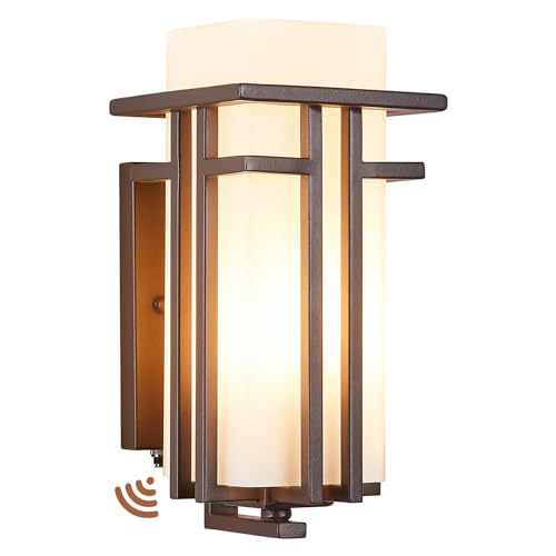 Oil Rubbed Bronze Porch Light Dusk to Dawn Outdoor Sconce Matte Brown Wall Lantern with Frosted Glass Outside House Lighting Waterproof Exterior Light Fixture for Patio Yards Garage Front Door