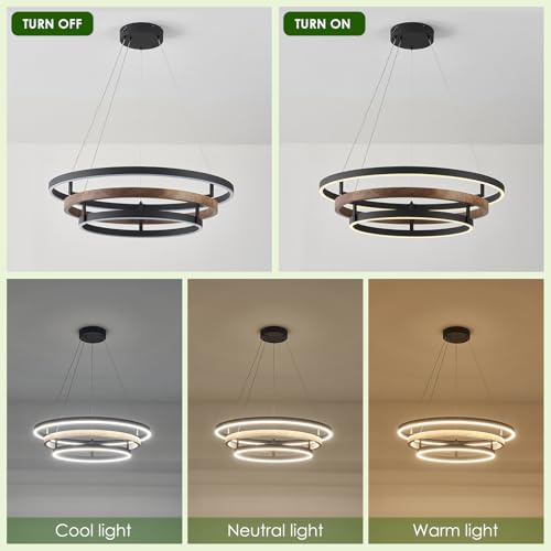 Modern LED Chandelier Black Dimmable 3 Ring Pendant Light for Dining Room