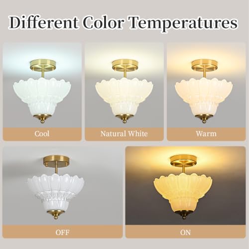Vintage Gold Semi Flush Mount Light with Floral White Shade (Gold and White)