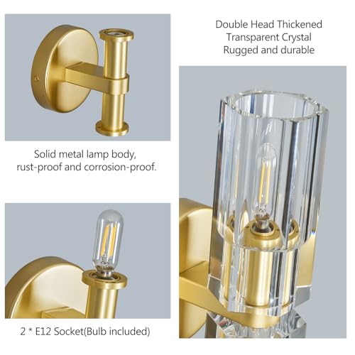 2 Light Gold Wall Sconces Crystal Wall Sconce Modern Wall Sconces with K9 Crystal Lampshade Hallway Sconces Wall Lighting Indoor Wall Light Fixtures for Bathroom Entryway Stairway（1