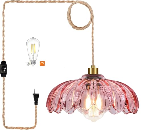 Pink Plug in Pendant Light Glass Hanging Lights with Plug in Cord Boho Hanging Lamp Gold Mid Century Modern Vintage Dimmable Flower Plug in Chandelier Ceiling Fixture for Living Room