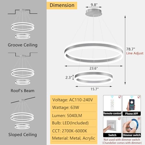 D15.7''+23.6'' Modern Ring Chandelier for Dining Room LED Dimmable Pendant Lighting Chandelier for Living Room Foyer Bedroom Entryway 3000K