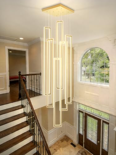 Modern Chandeliers for Entryway High Ceiling Large Rectangle Chandelier LED Dimming Gold Contemporary Chandelier for Staircase Foyer 2700k