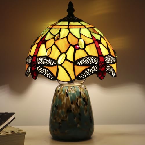 Tiffany Mushroom Table Lamp Dragonfly Style Yellow Stained Glass Accent Lamp Brown Blue Glass Base 8X8X12 Inch