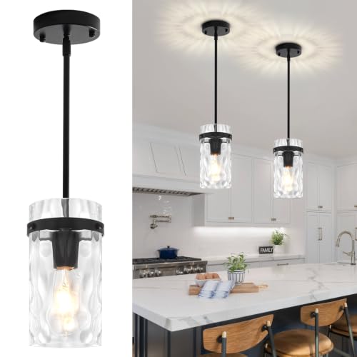 2 Pack Black Pendant Lights Kitchen Island Modern Hammered Glass (2 Count)