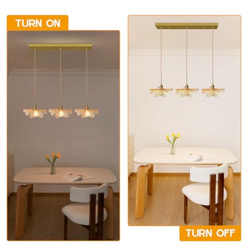 3 Light Vintage Petal Glass Ceiling Hanging Light Adjustable Gold Brass Chandelier Amber Glass Shade LED Linear Island Light for Dining Room Farmhouse