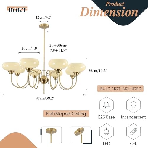 Large 8 Light Chandelier Modern Sputnik Chandeliers Flush Mount Ceiling Lights Cream Adjustable Height Pendant Lighting Vintage Gold Chandeliers with Light Yellow Glass Classic Ceiling Light