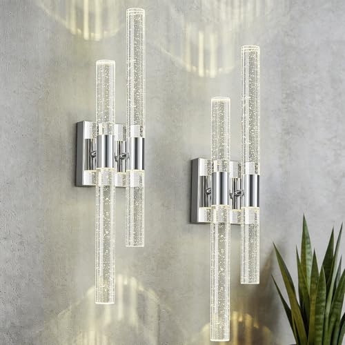 Crystal Wall Sconces Set of Two Chrome Wall Sconce Hardwired LED Bathroom Vanity Light Fixtures 21.25in 4000K Vertical and Horizontal Wall Mounted Sconces for Bedroom (2 Count)