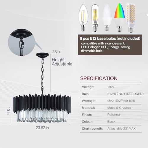 Modern Black Crystal Chandelier 24" Round Chandeliers 8
