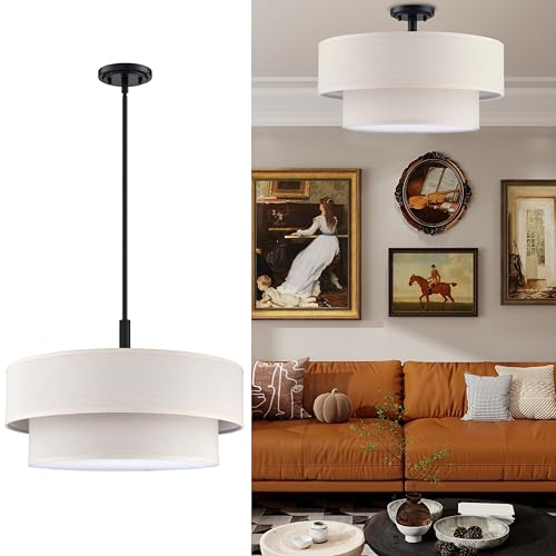 4 Light 20 Inch Cream Fabric Shade Hanging Pendant Ceiling Light Fixture