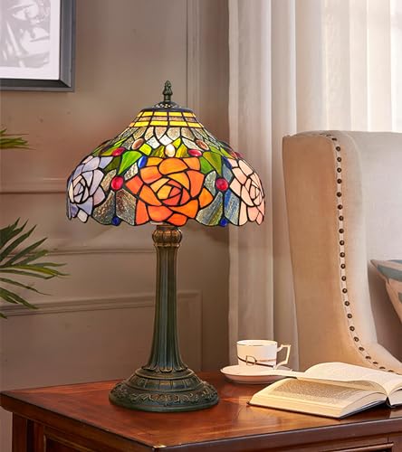 Tiffany Table Lamp Stained Glass Lamp Antique Nightstand Bedside Accent Desk Light for Bedroom Living Room Home Office Light +LED Bulb