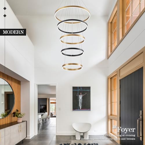 LED 5 Ring Chandelier Modern Vintage Black Gold Chandeliers Dimmable