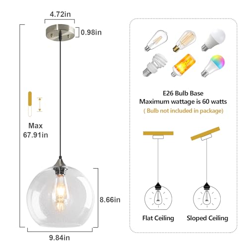 Clear Glass Pendant Lights Kitchen Island Lighting Globe Pendant Light Fixtures Modern Pendant Lighting for Kitchen Island Bedroom Living Dining Room Light Fixture (2 Count)