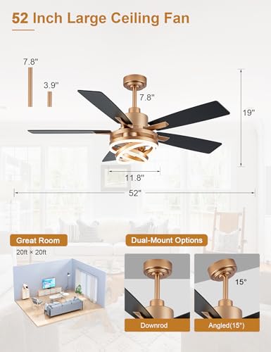 52" Black and Gold Modern Chandelier Fandelier Ceiling Fan with Light