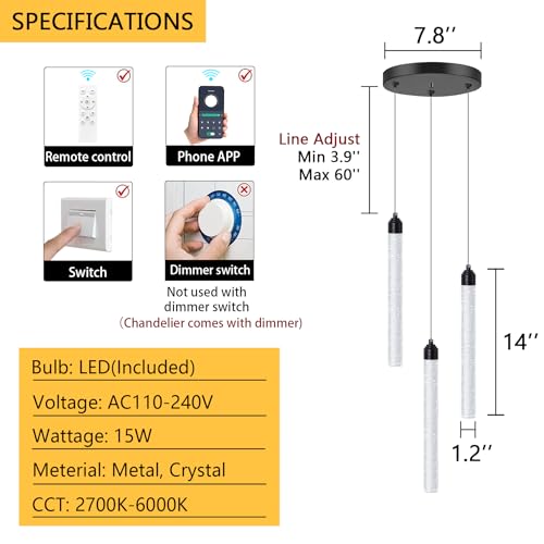 3 Light Black Pendant Lighting Mini Chandelier for Kitchen Island Modern Crystal LED Pendant Light Adjustable Dimmable Pendant Light Fixture for Dinning Room Bedroom Ceiling Hanging Lights 2700K 6000K