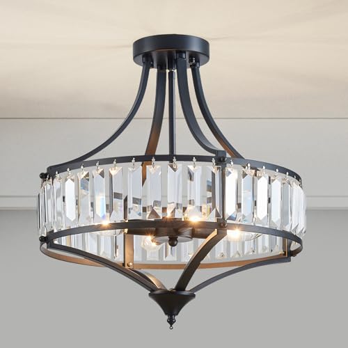 Black Crystal Chandelier Semi Flush Mount Ceiling Light Fixture Round Rustic Farmhouse 4
