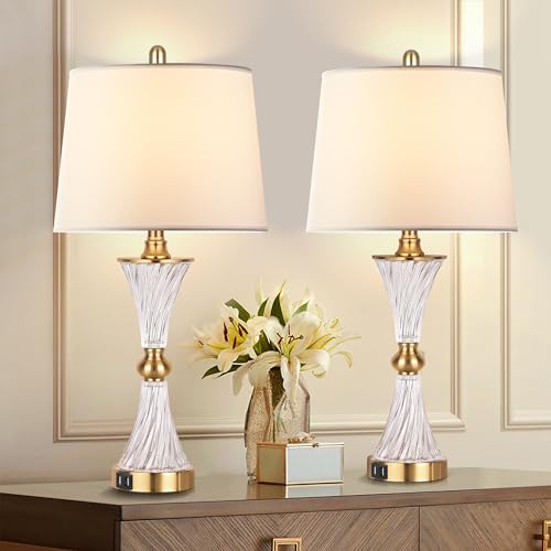 Touch Table Lamps for Bedroom Set of 2 Modern Living Room 3 Way Dimmable Gold Glass Bedside Nightstand Lamp for End Table with 2 USB Charging Port