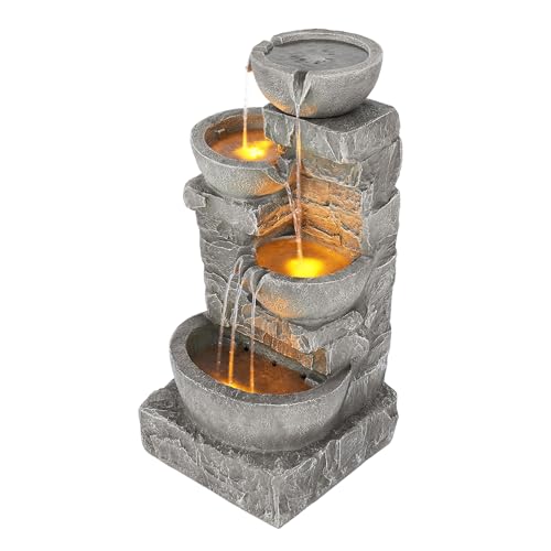 33.25 in. Cascading Bowls and Stacked Stones LED Outdoor Water Fountain for Gardens