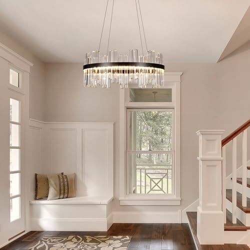 24" Black Round Modern Dimmable LED Crystal Chandelier with Remote