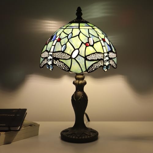 Tiffany Table Lamp Dragonfly Style Sea Blue Stained Glass Accent Lamp Bronze Resin Base 8X8X14 Inch