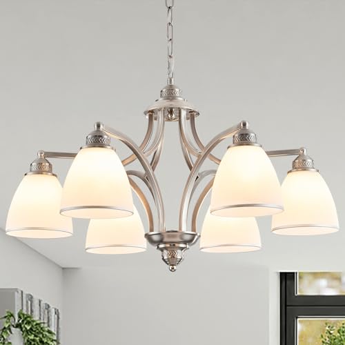 6 Light Brushed Nickel Farmhouse Chandelier for Dining Room with Milk White Frosted Glass Shades Adjustable Max Length 47" Hanging Light Fixtures for Kitchen