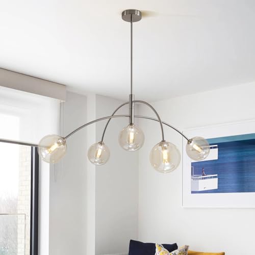 Mid Century Modern Sputnik Chandelier with Glass Globe Cognac Shade Adjustable 5 Light Silver Chandelier for Dining Room Kitchen Bedroom