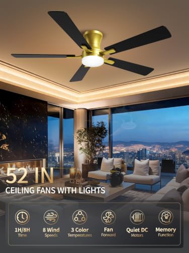 52 Inch Black Gold Low Profile Ceiling Fan with Light and Remote (Gold Black / 52 Inch)