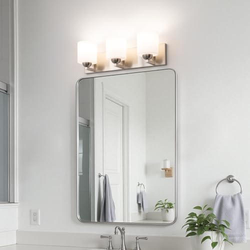 3 Light Brushed Nickel Bathroom Vanity Light with White Glass Shades