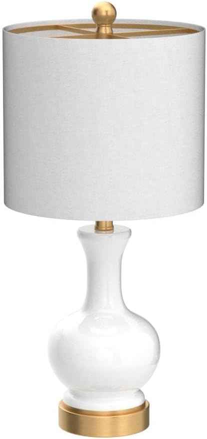 JONATHAN Y 22" White Modern Glass Table Lamp Set of 2, Brass Gold Bedside Lamp with White Linen Shade for Bedroom Living Room, LED Bulbs Included JYL4033A-SET2