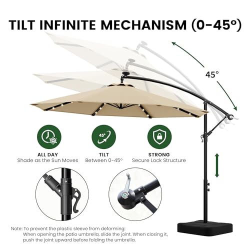 10FT Patio Umbrella with Solar Lights and Base for Patio