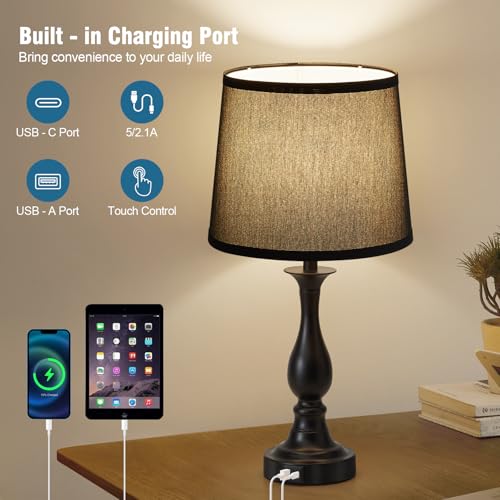 Bedside Table Lamp Touch Control Bedroom Lamps with USB A + C Charging Port 3 Way Dimmable Touch Lamps for Nightstand Living Room Bedroom Dorm Home Office Reading (2 Count)