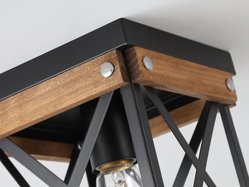 Rustic Farmhouse Wood Flush Mount Ceiling Light Fixture Oak Wood and Metal Square Cage Small Semi Flush Mount Ceiling Light for Kitchen Hallway Entryway Bedroom Farmhouse Country