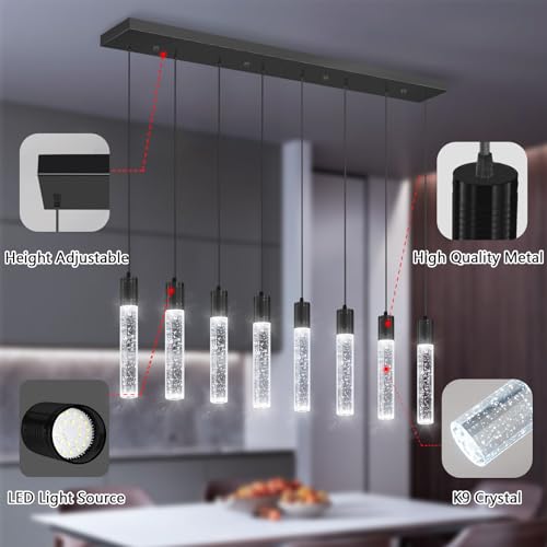 8 Lights Modern Crystal Chandeliers for Kitchen Island Pendants Lighting Fixture for Dining Room LED Ceiling Light for Hallway Foyer 6000K Black