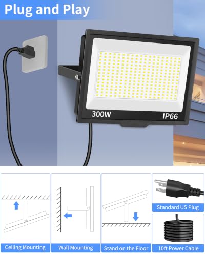 36000LM 300W LED Flood Light Outdoor Plug in (2 Count)