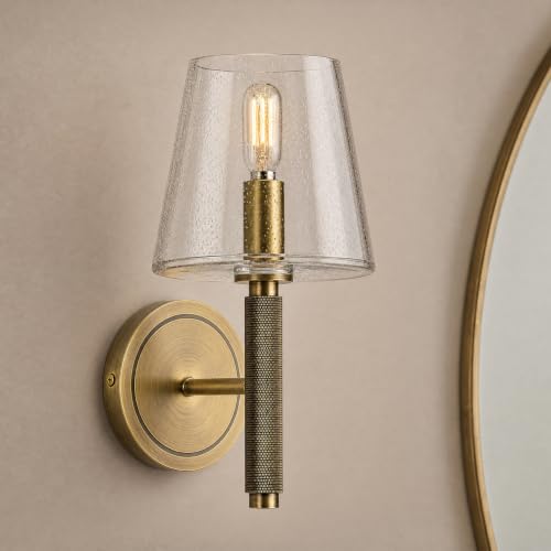 12" Knurled Brass Wall Sconce with Clear Seeded Glass Shade