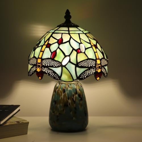 Tiffany Mushroom Table Lamp Dragonfly Style Blue Stained Glass Accent Lamp Brown Blue Glass Base 8X8X12 Inch