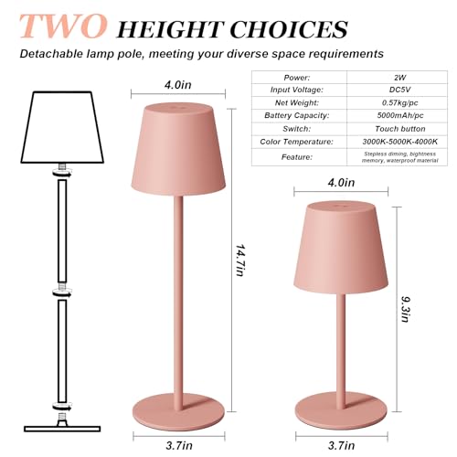 Cordless Table Lamp Rechargeable Pink (2 Count)