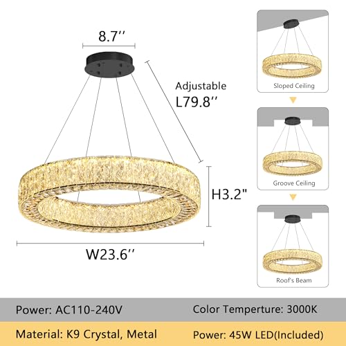 Modern Round Crystal Chandelier Remote Dimmable Ceiling Light Fixture for Dining Room Living Room Kitchen Island Black