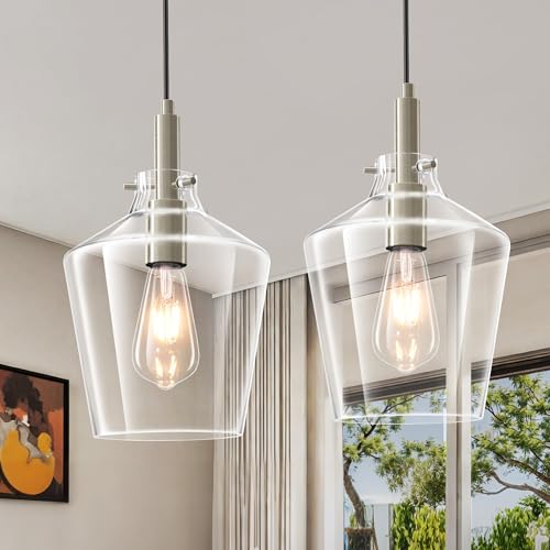 Glass Pendant Lighting for Kitchen Island Foyer 2 Pack Nickel Clear 8 Inch (2 Count)