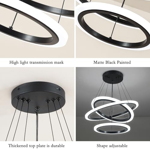 Modern 3 Ring LED 52W Black Pendant Light with Irregular Ring Lights Adjustable Hanging Lamp for Dining Room Bedroom Kitchen Island Cafe