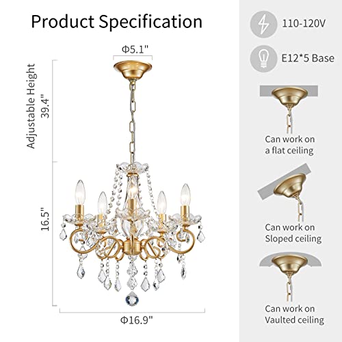 Mini Crystal Chandelier K9 Crystal Gold Chandelier for Living Room Bedroom Dining Room Kitchen Island Entryway 5 E12 Bulbs High 16.5 in x Diameter 16.9 in