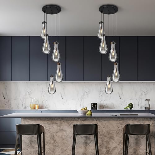 Raindrop Pendant Lights Kitchen Island Teardrop Black Hanging Light Fixtures Clear Solid Glass Pendant Light Modern Chandeliers for Dining Room Porch Corridor Living Room (5 Count)
