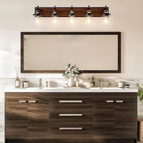 5 Light Farmhouse Bathroom Light Fixtures Vintage Bathroom Vanity Lights Over Mirror Black and Wood Painted Metal Vanity Light for Bathroom with Glass Shades E26 Socket